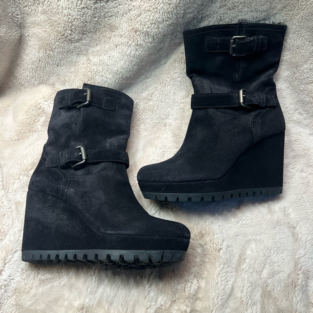 Prada Black Suede Wedge Ankle Boots
